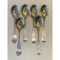 Antike Set Von 6 John Cook Münze Silber Zucker Löffel New York 1868-1880 von AccentsAntiquesMore