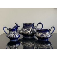 Vintage Jugendstil Kobalt Blau Silber Overlay Teekanne, Milchkännchen Und Zuckerdose von AccentsAntiquesMore