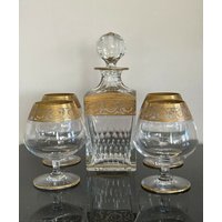 st Louis Distel Gold Encrusted Squared Decanter Und 4 Brandy Gläser von AccentsAntiquesMore