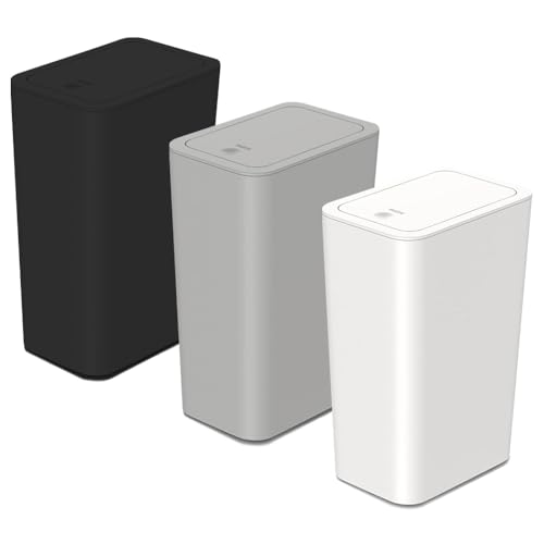 Accmuzzy 3 Mülleimer 9 Liter Badezimmer Mülleimer mit Druckverschluss Deckel,Mülleimer Bad, Komposteimer für Küche,Bad, Wohnzimmer, schmaler Ort (1Weiß 1Grau 1Schwarz) von Accmuzzy