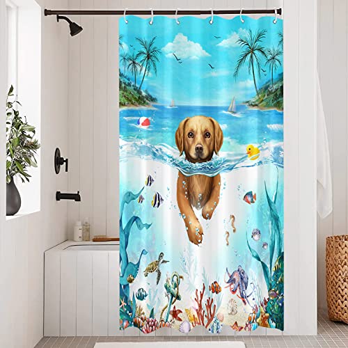 Accnicc Stall Lustiges Hunde-Duschvorhang-Set, Blaugrün, Meer, Ozean, wasserdichter Stoff, Duschvorhänge für Badezimmer, Aquarell, Strand, Tierschildkröte, Fisch, Badevorhang (gelb, 91.4x183.9 cm) von Accnicc