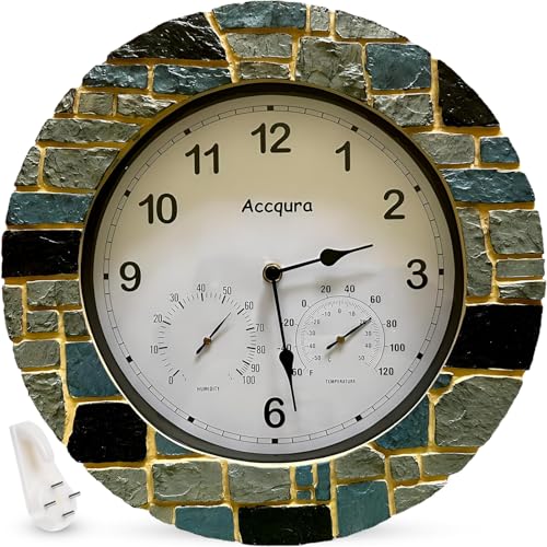 Accqura Outdoor Gartenuhr Wanduhren im Freien Echter Kunststein mit wasserdichtem Innendekor mit Thermometer und Hygrometer für Veranda Terrassenzaun Hinterhof Pool Badezimmer Küche 33 Zentimeter Accqura Outdoor Gartenuhr Wanduhren im Freien Echter Kunststein mit wasserdichtem Innendekor mit Thermometer und Hygrometer für Veranda Terrassenzaun Hinterhof Pool Badezimmer Küche 33 Zentimeter von Accqura