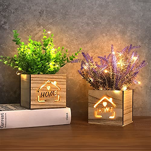 AceList 2 Stück Kunstpflanze mit LED-Lichtern in Holzkiste,11 x 9 x 26cm künstliche Pflanze kunstpflanzen im Topf für Home Office Schreibtisch Küchendekoration, Valentinstag/Muttertag von AceList