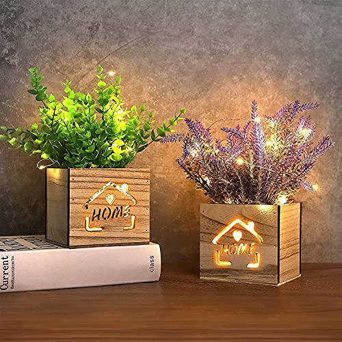 AceList 2 Stück Kunstpflanze mit LED-Lichtern in Holzkiste,11 x 9 x 26cm künstliche Pflanze kunstpflanzen im Topf für Home Office Schreibtisch Küchendekoration, Valentinstag/Muttertag von AceList