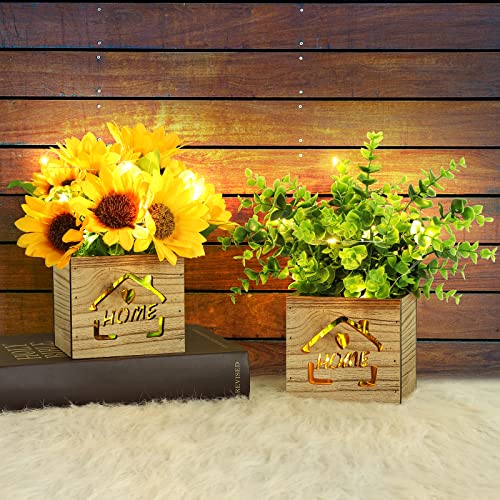 AceList Künstliche Pflanzen im Topf x2 mit LED-Licht im Holzkiste, Künstliche Blumen Deko Sonnenblume und Eukalyptus Pflanze, Kunstpflanzen im Topf Fake Pflanzen für Schlafzimmer Wohnzimmer Badezimmer von AceList