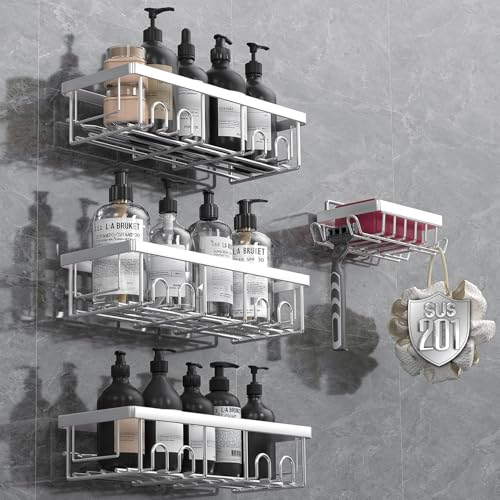 AceMining Duschablage Ohne Bohren, 4 Pack Silber Duschregal, 201 Edelstahl Badregal für Selbstkleber, Shampoo Halterung für Dusche, Duschkorb aus Massivem Metall, Dusche Halterung mit Haken von AceMining