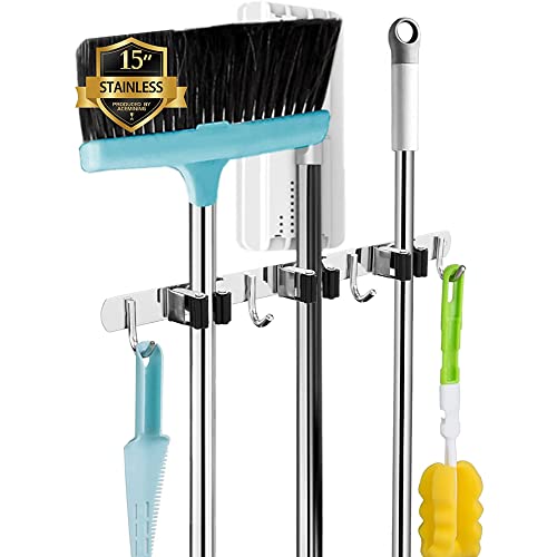Besenhalterung Wand, 3 Halter + 4 Haken Schwerlast Gerätehalter Selbstklebend, Besenhalter mit Nails Installieren, Gartengerätehalter aus Edelstahl, Wandhalterung Besen für Abstellraum, Garage, Garten von AceMining