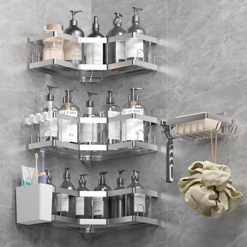 Duschablage Ohne Bohren, 5 Pcs Silber Duschregal, 201 Edelstahl Badregal mit Kleber, Shampoo Halterung für Dusche, Rostbeständiger Duschkorb, Dusche Halterung Zubehör, Badezimmer Regal Duschablage Ohne Bohren, 5 Pcs Silber Duschregal, 201 Edelstahl Badregal mit Kleber, Shampoo Halterung für Dusche, Rostbeständiger Duschkorb, Dusche Halterung Zubehör, Badezimmer Regal von AceMining