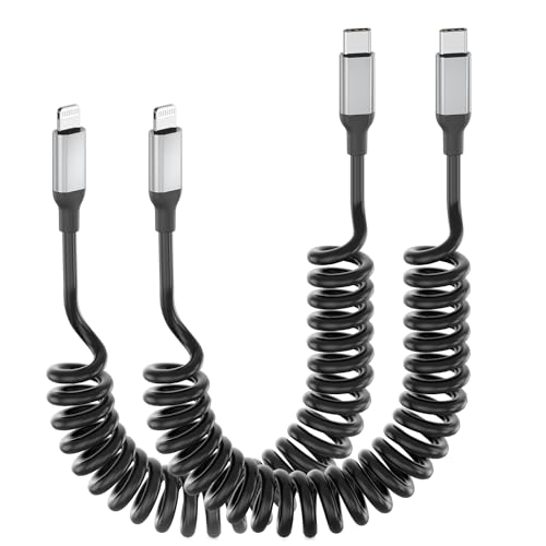 USB C auf Lightning Spiralkabel [2 Stück], Apple MFi Certified Carplay Kabel iPhone Ladekabel Kurz, 2.4A USB C auf Lightning Kabel für iPhone 14 13 12 11 Pro Max X XS XR 8 7 6 Plus SE - Schwarz von Acecene