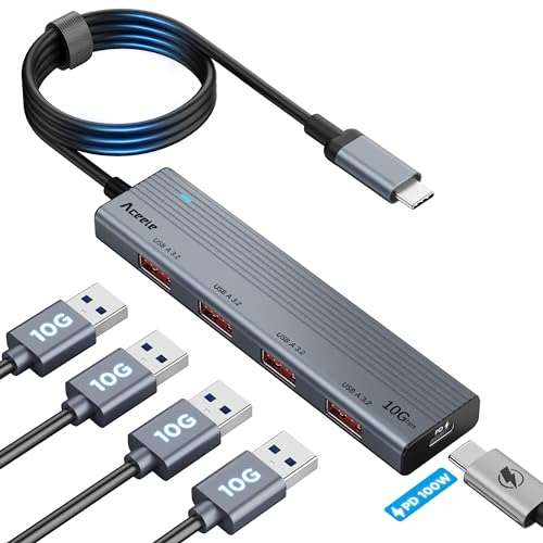 Aceele USB 3.2 Gen 2 Hub Mit 4 USB-A-Anschlüssen, Datenhub PD Mit 100 cm Kabel, Geeignet Für Laptops, Desktops PC, Xbox Und Mac von Aceele
