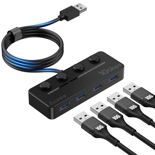 Aceele USB 3.2 Hub mit 120 cm erweitertem Kabel, USB 3.2 Gen 2 Hub, USB 3.2 Hub mit individuellen LED-Netzschaltern für MacBook, PC, USB-Sticks, Mobile Festplatte, iMac, XPS Aceele USB 3.2 Hub mit 120 cm erweitertem Kabel, USB 3.2 Gen 2 Hub, USB 3.2 Hub mit individuellen LED-Netzschaltern für MacBook, PC, USB-Sticks, Mobile Festplatte, iMac, XPS von Aceele