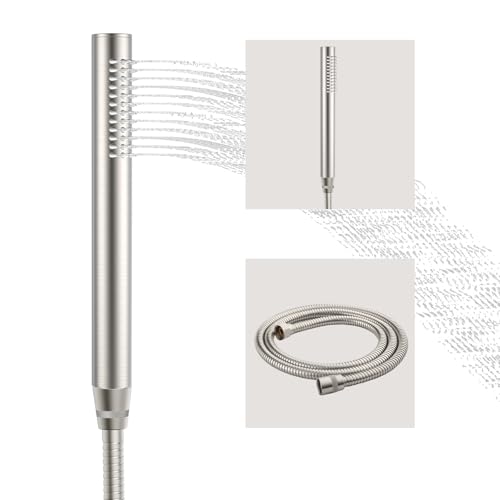 ACEFY Duschkopf wassersparend 1 Strahlart Handbrause/Stabhandbrause Duschbrause massiv Messing Gebürstet mit leicht zu reinigenden Gummidüsen (Verchromt Duschkopf +Schlauch) von Acefy