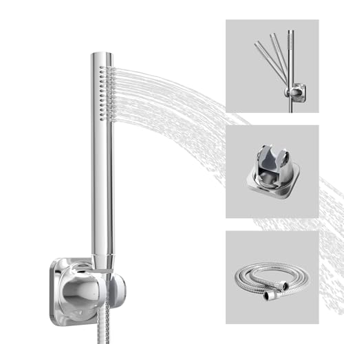 ACEFY Duschkopf wassersparend 1 Strahlart Handbrause/Stabhandbrause Duschbrause massiv Messing Gebürstet mit leicht zu reinigenden Gummidüsen (Verchromt Duschkopf +Schlauch+Halterung) von Acefy
