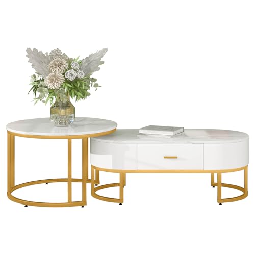 Aceinheu Couchtisch 2er Set Weiß Gold, Moderne Satztische in Marmoroptik, Wohnzimmertische mit goldenem Metallgestell, platzsparend & kombinierbar, 2-teilig, Weiß (Weiß) von Aceinheu