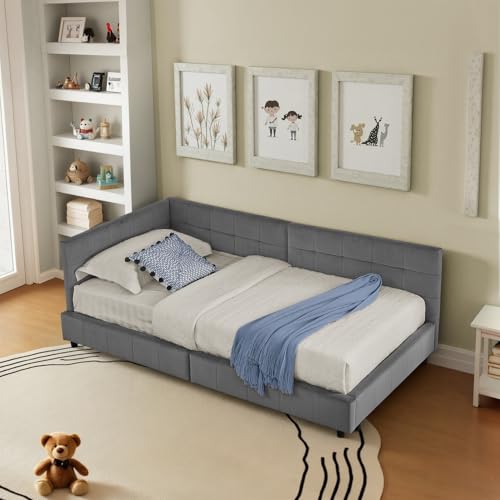 Aceinheu Einzelbett 90x200 cm, Polsterbett mit Samtbezug und hoher Rückenlehne, Stabiles Jugendbett & Kinderbett, Gästebett mit Lattenrost für kleine Wohnung (Dunkelgrau, 90 * 200cm) von Aceinheu