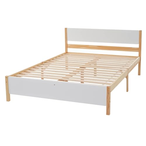 Aceinheu Holzbett Kiefernholzrahmen Mittelfuß Jugendbett Erwachsenenbett Kopf- & Fußteil MDF Weiß + Natur Lattenrost stabil (90x200 cm) von Aceinheu