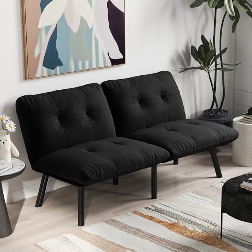 Aceinheu Klappbares Sofabett 2-Sitzer • Samtstoff Futon Couch • Platzsparendes Gästebett • Ohne Werkzeug montierbar • Für Wohnzimmer & Kleine Apartments • Velours Bezug (Black) von Aceinheu