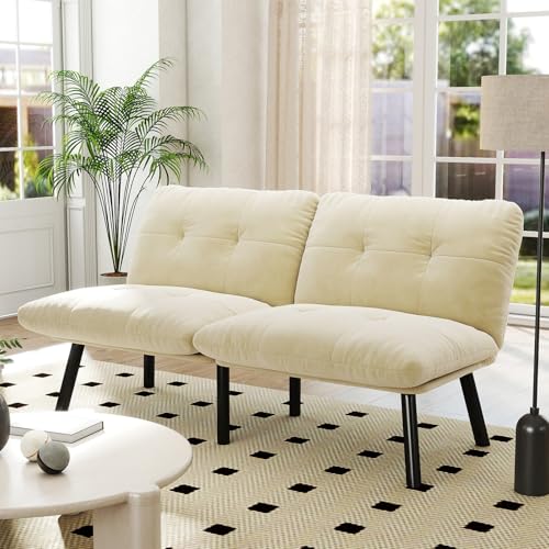 Aceinheu Klappbares Sofabett 2-Sitzer • Samtstoff Futon Couch • Platzsparendes Gästebett • Ohne Werkzeug montierbar • Für Wohnzimmer & Kleine Apartments • Velours Bezug (Cream) von Aceinheu