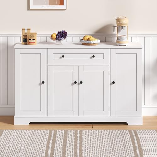 Aceinheu Küchenbuffet 138 cm Sideboard mit Schublade & Regaltüren, Multifunktionales Wohnzimmerschrank mit Höhenverstellbaren Böden, Sidelboard für Küche, Esszimmer, Schlafzimmer (Weiß) von Aceinheu