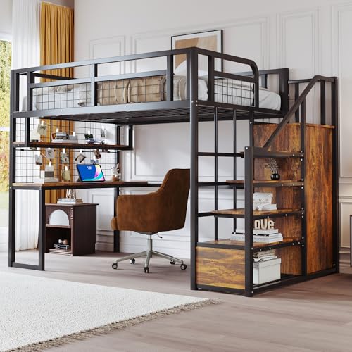 Aceinheu Metall-Hochbett 140x200 cm mit Schreibtisch & Stauraumleiter, Jugendbett aus Metall mit Kleiderschrank, Regal & Netz, Platzsparendes Etagenbett für Erwachsene & Jugendliche (Schwarz) von Aceinheu