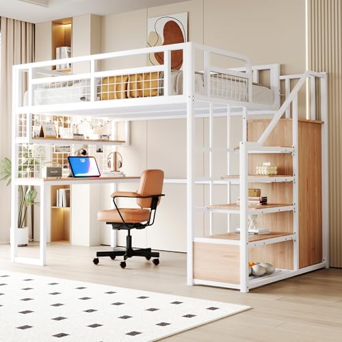 Aceinheu Metall-Hochbett 140x200 cm mit Schreibtisch & Stauraumleiter, Jugendbett aus Metall mit Kleiderschrank, Regal & Netz, Platzsparendes Etagenbett für Erwachsene & Jugendliche (Weiß) von Aceinheu