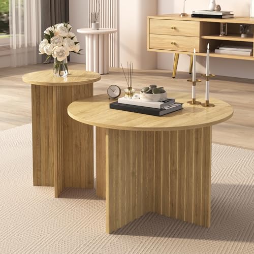 Aceinheu Modernes 2-teiliges Nest-Tisch-Set aus Holz | Runde Couchtische im skandinavischen Design | Platzsparend als Beistelltisch & Kaffeetisch für Wohnzimmer (Runde) von Aceinheu