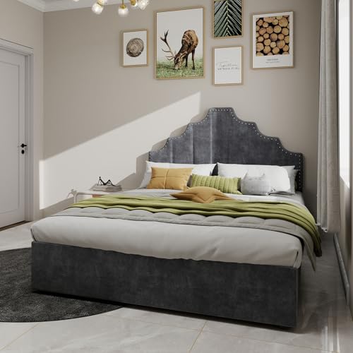 Aceinheu Modernes Polsterbett 140x200cm / 160x200cm in Beige, Bett mit Stauraum & Lattenrost, Hoher Bettkasten mit Gasdruckfeder, Weiches Kopfteil mit Nietenbeschlag(ohne Matratze) (Grau, 140 * 200) von Aceinheu