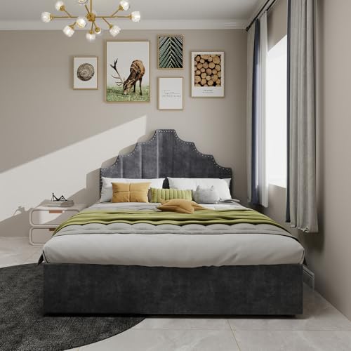 Aceinheu Modernes Polsterbett 140x200cm / 160x200cm in Beige, Bett mit Stauraum & Lattenrost, Hoher Bettkasten mit Gasdruckfeder, Weiches Kopfteil mit Nietenbeschlag(ohne Matratze) (Grau, 160 * 200) von Aceinheu