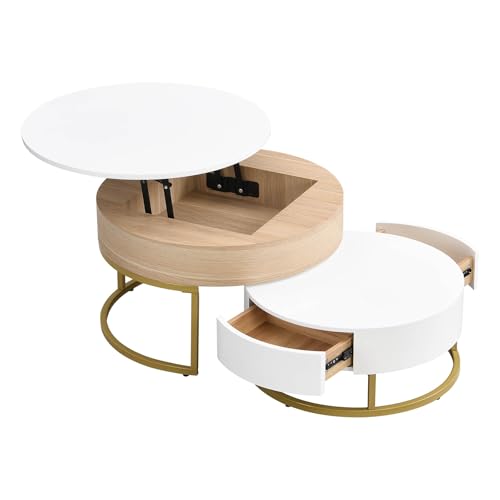 Aceinheu Satztisch 2er Set, Couchtisch höhenverstellbar mit Lift-Top, Beistelltisch mit 2 Schubladen & Stauraum, Goldener Metallrahmen, (Weiß & Holzoptik) von Aceinheu