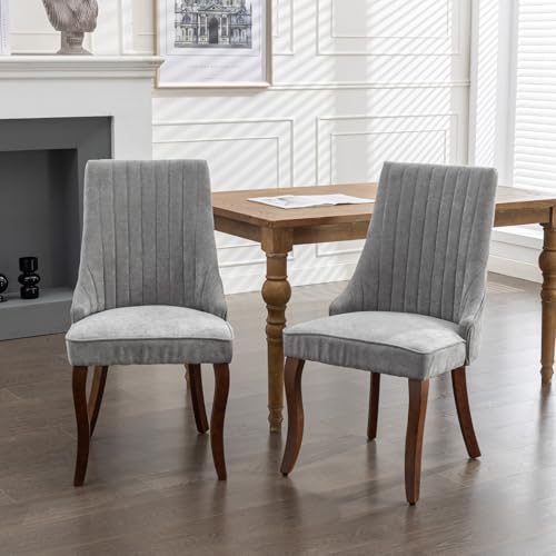 Esszimmerstühle 2er-Set aus Chenille Stoff, Französischer Esszimmerstuhl mit Hoher Rückenlehne, Gesteppte Akzentstühle mit Massivholzbeinen, Polsterstuhl für Esszimmer, Wohnzimmer, Küche (Grau) von Aceinheu