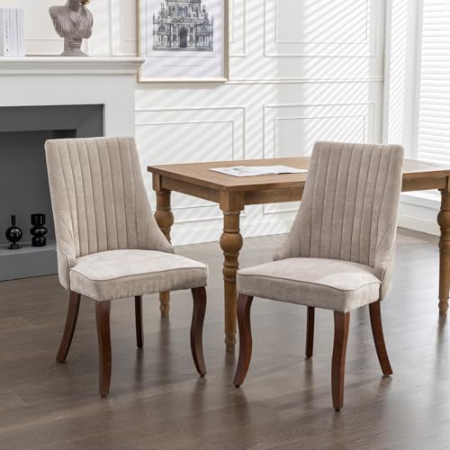 Esszimmerstühle 2er-Set aus Chenille Stoff, Französischer Esszimmerstuhl mit Hoher Rückenlehne, Gesteppte Akzentstühle mit Massivholzbeinen, Polsterstuhl für Esszimmer, Wohnzimmer, Küche (Beige) von Aceinheu