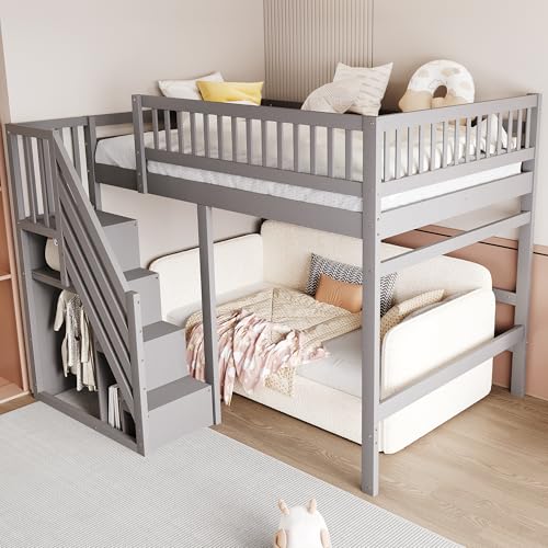 Hochbett 140x200 Massivholz, Kinderbett mit Treppe als Stauschrank & hohem Rausfallschutz, Jugendbett als platzsparendes Funktionsbett, (Grau) von Aceinheu