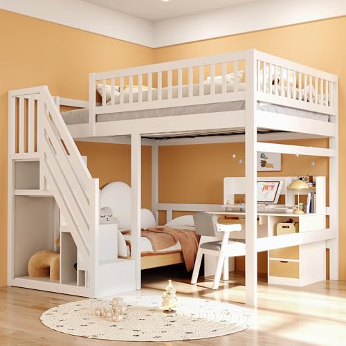 Hochbett 140x200 Massivholz, Kinderbett mit Treppe als Stauschrank & hohem Rausfallschutz, Jugendbett als platzsparendes Funktionsbett, (weiß) von Aceinheu