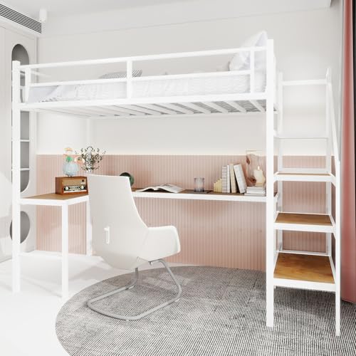 Hochbett mit Schreibtisch 90x200 cm, Stabiles Etagenbett aus Metall für Kinder und Jugendliche, Jugendbett mit Rausfallschutz und Leiter, L-förmiger Tisch, Platzsparendes Loftbett (Weiß, Stil A) von Aceinheu