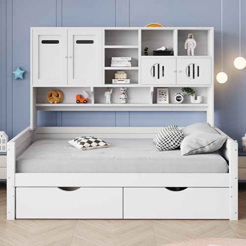 Holz-Schlafsofa 90x200 cm mit Stauraum, Jugendbett mit hydraulischem Bettkasten & Regal, Einzelbett aus Kiefernholz, Bettgestell Weiß, (Weiß+Schublade) von Aceinheu