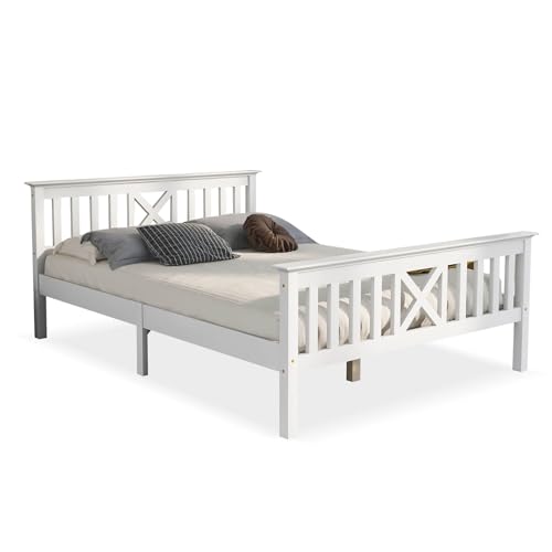 Holzbett, Doppelbett aus Kiefer Massivholz mit X-förmigem Kopfteil & Lattenrost, Bettgestell Weiß, optional mit Schubladen, (140 x 200 cm) von Aceinheu