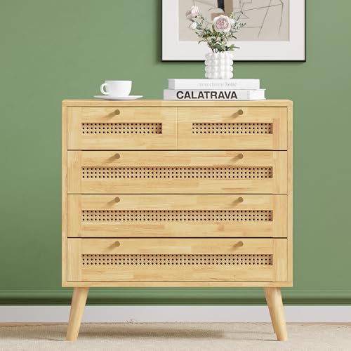 Klassische Kommode mit 3 Rattan-Schubladen, Sideboard mit Klappdeckel & Holzbeinen, Anrichte für Wohnzimmer & Schlafzimmer, Flurschrank aus Spanplatte mit viel Stauraum (StilB) von Aceinheu