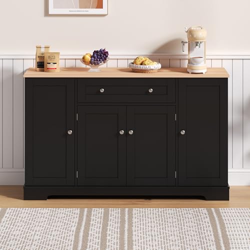 Küchenbuffet 138 cm Sideboard mit Schublade & Regaltüren, Multifunktionales Wohnzimmerschrank mit Höhenverstellbaren Böden, Sidelboard für Küche, Esszimmer, Schlafzimmer (Schwarz + Naturholz) von Aceinheu