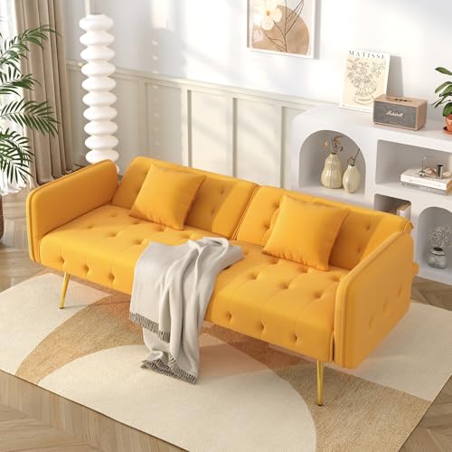 Multifunktionales 2-Sitzer Schlafsofa – Verstellbare Rückenlehne & Armlehnen – Modernes Gästebett mit Veloursbezug – Ideal für kleine Räume (Yellow) von Aceinheu