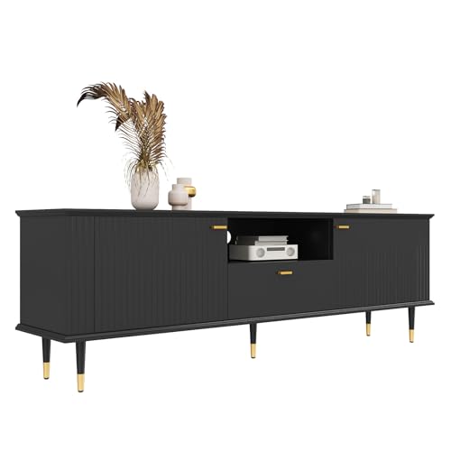 TV-Schrank 170 cm, Modernes Lowboard mit Schublade & offenen Fächern, Sideboard mit Soft-Close-Scharnieren & Gold-Akzenten, TV-Board aus MDF mit lackierter Oberfläche für Wohnzimmer, (Schwarz) von Aceinheu
