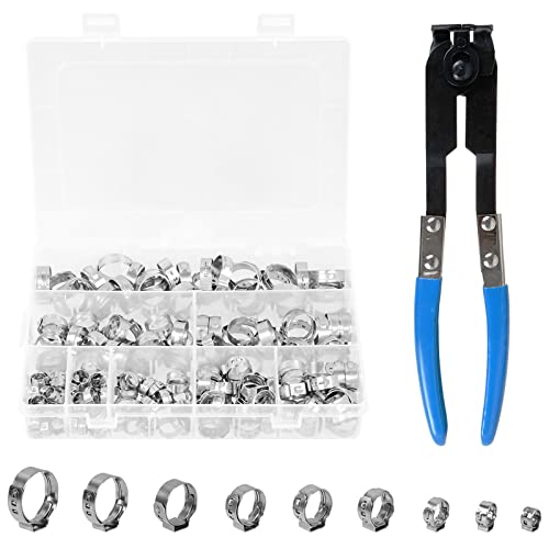 Einzelohr Stufenlos Schlauchschellen Set, 170 Stücke Schhlauchklemmen 5,8-21mm(9 Größen) aus 304 Edelstahl + Ohrklemmenzange Schlauchschellenzange Einzelohrschlauchklemme Crimper Werkzeug Kit von Acelectronic