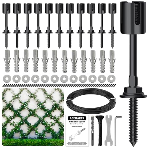 Acemaker Drahtgitter für Kletterpflanzen im Freien, schwarzes T316 Edelstahl-Wanddraht-Rankgitter-Set (12 Naben + 16,2 m Kabel) von Acemaker