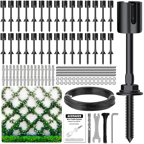 Acemaker Drahtgitter für Kletterpflanzen im Freien, schwarzes T316 Edelstahl-Wanddraht-Rankgitter-Set (30 Naben + 45,7 m Kabel) von Acemaker