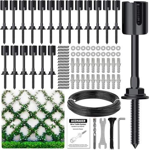 Acemaker Drahtspalier für Kletterpflanzen im Freien, schwarzes T316 Edelstahl-Wanddraht-Rankgitter-Set (20 Naben + 29,9 m Kabel) von Acemaker