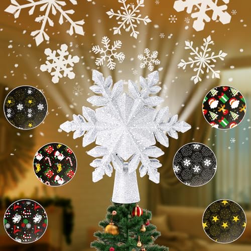 Weihnachtsbaumspitze Stern Acemall 3D Weihnachtsbaum Topper Schneeflocke Christbaumspitze mit 6 rotierenden Weihnachtssternmustern, Partys, Neujahrsdekoration fürs Schlafzimmer von Acemall