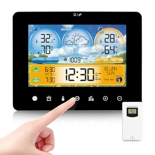 Wetterstation Funk mit Außensensor, Upgrade funkwetterstation Touch-Taste funk wetterstation mit Temperatur, Feuchtigkeits, Luftdruck, Prognose, Mondphasen, Weckeranzeige für das Homeoffice Wetterstation Funk mit Außensensor, Upgrade funkwetterstation Touch-Taste funk wetterstation mit Temperatur, Feuchtigkeits, Luftdruck, Prognose, Mondphasen, Weckeranzeige für das Homeoffice von Acemall