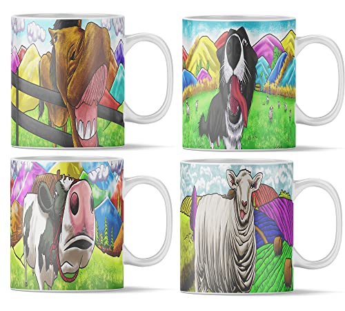 Bauernhoftier-Tassen-Set mit 4 x 11 Unzen - Hund, Pferd, Kuh und Schaf - Hochwertige Keramiktassen mit Tiermotiven | Kaffeetasse Teetasse Geschenkidee Geschenk | Tasse (4 x 11oz set Becher-Set) von Acen Merchandise