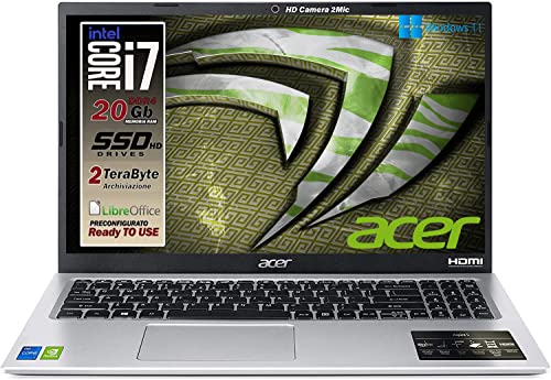 Acer Tragbares Notebook, Cpu Ryzen 5 3500U, 4 Kerne bis 3,7 GHz in B. mode, 12 GB RAM, Pci Nvme 512 GB, 15,6 Zoll Full HD, Wi-Fi, Hdmi, Lan, Webcam, Win 10 Pro, vorkonfiguriert, Italien Garantie von Acer