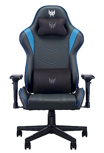 Predator Rift Gaming Stuhl (Abnehmbare Lenden- und Kopfstütze, verstellbare 4D-Armlehnen, Zwei-Polster-Kissen, 155° neigbare Rückenlehne, für Nutzer bis zu 110 kg, Leder Cover) schwarz/blau von Acer