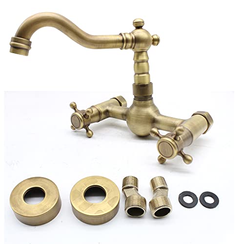 Acesunny Retro Antik Wandarmatur mit Kreuzgriffen Mischbatterie Wandmontage Wasserhahn Bad Küchenarmatur Mit Heißes Kaltes Wasser Anschlussschläuchen von Acesunny